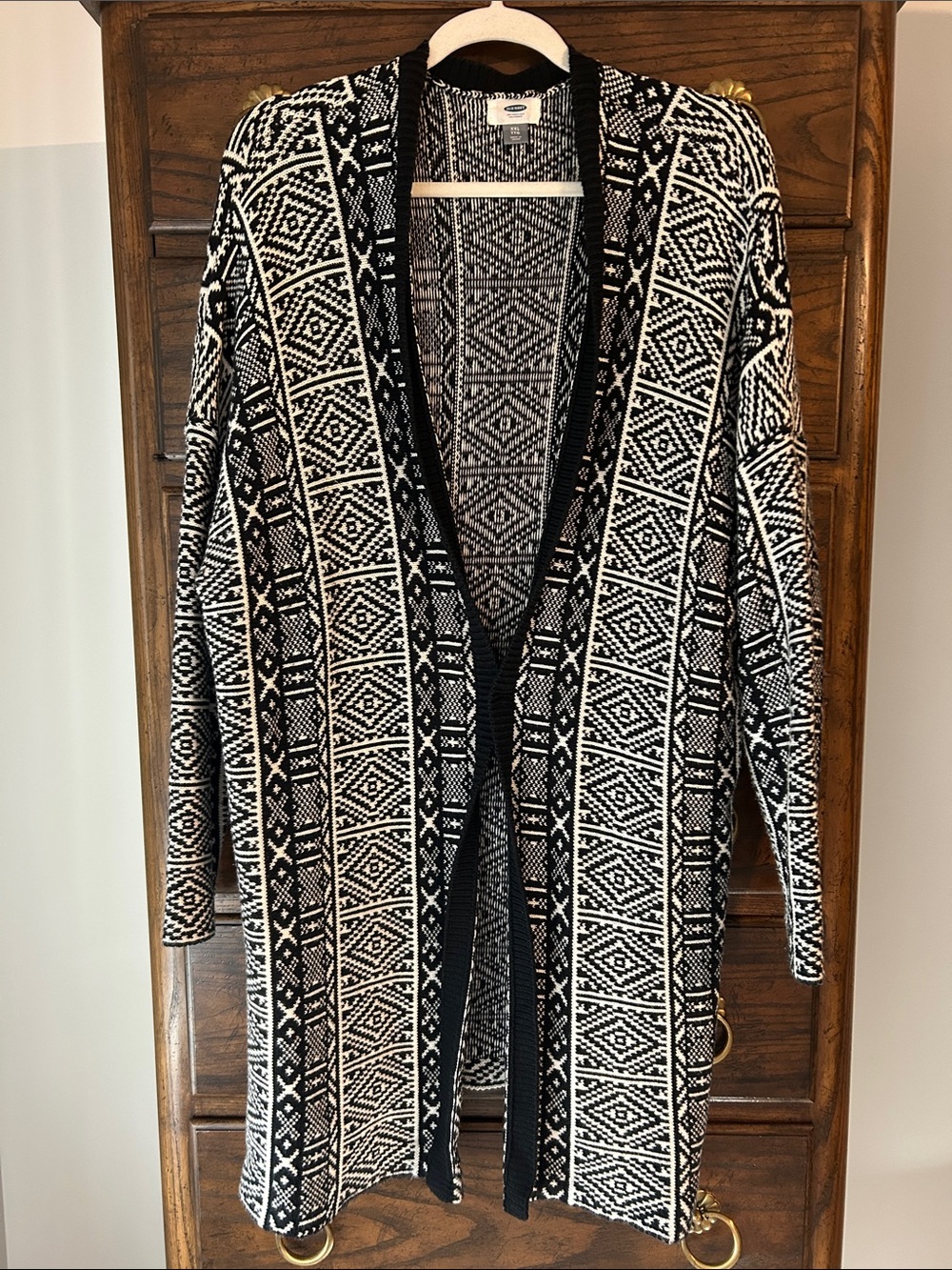 Old Navy Cotton Blend Black and White Geometric Long Open-Front Cardigan, XXL